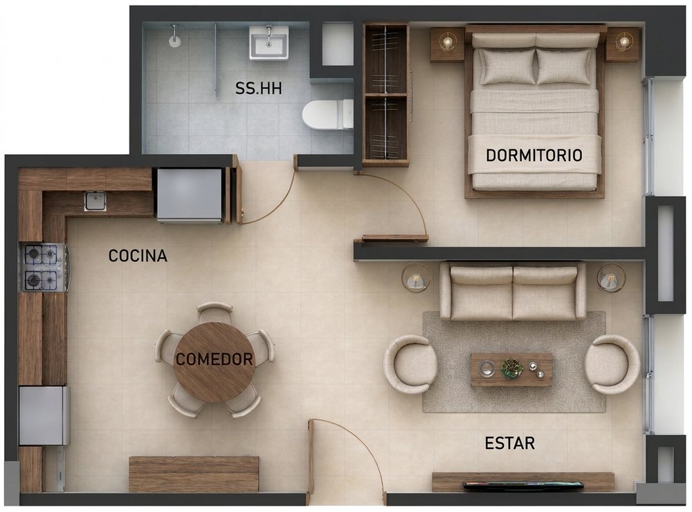 Planta de otra distribución de 49 m²: dormitorio, baño, cocina, comedor y estar