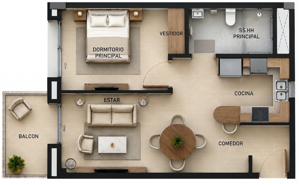 Planta de un departamento de 61 m² con balcón, dormitorio principal con vestidor y baño accesible