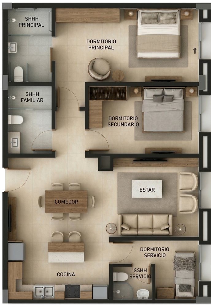 Planta de un departamento de 98 m² con dos dormitorios, dormitorio de servicio, cocina, comedor y estar